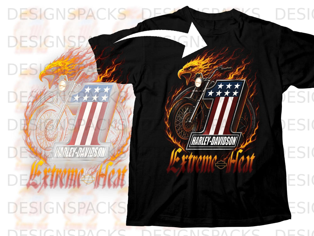 Black t-shirt with flaming eagle, motorcycle, and Harley-Davidson "Extreme Heat" graphic.