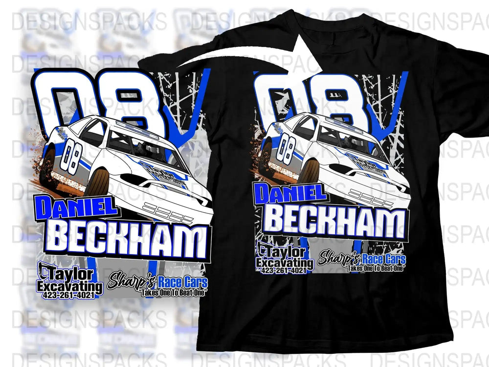 Racing car t-shirt design with Daniel Beckham, #08, Taylor Excavating, Sharp's Race Cars – print-ready DTF/DTG bundle