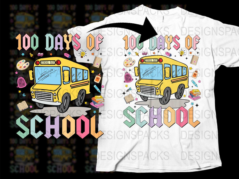 100 Days of School T-Shirt, Colorful School Bus and Icons, Teacher Shirt, Student Celebration Tee, Academic Milestone, Fun Graphic Design