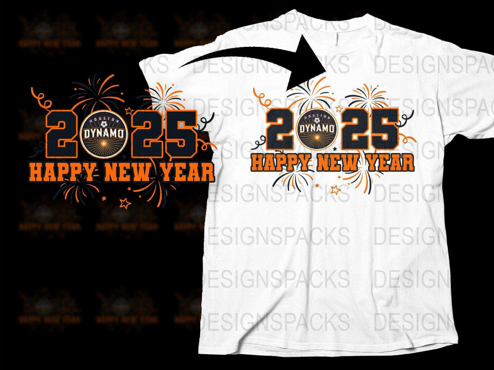 2025 Happy New Year Houston Dynamo soccer t-shirt design with fireworks, print-ready SVG/PNG