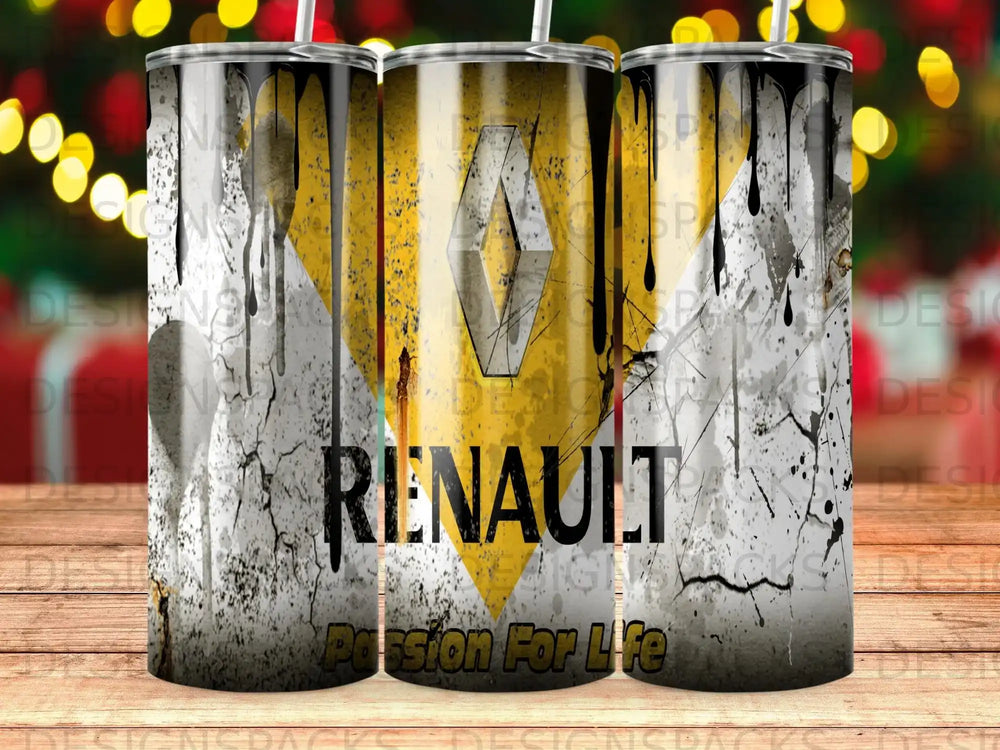 Renault logo with "Passion for Life" text on a black and yellow grunge textured tumbler.