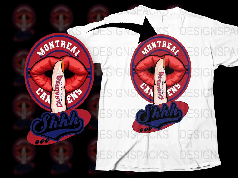 Montreal Canadiens Shhh t-shirt design with red lips and finger, print-ready graphic