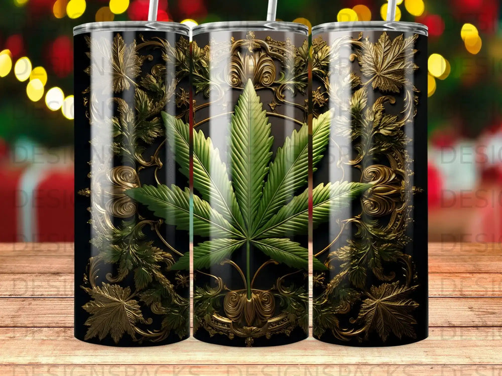 Black tumbler with gold ornate scrollwork and a large green cannabis leaf.
