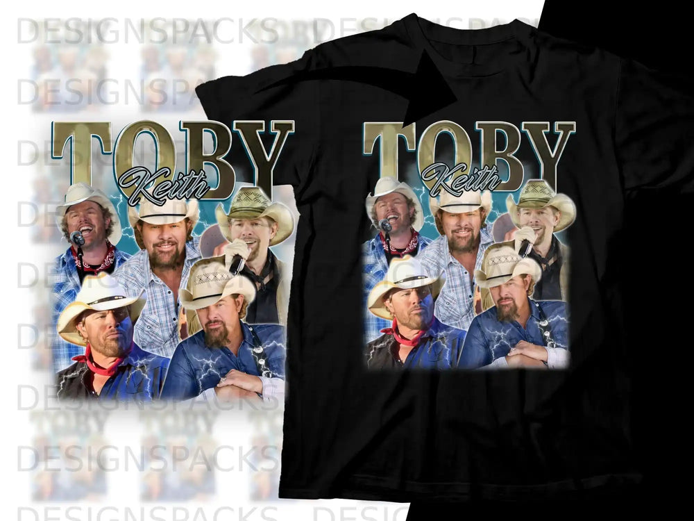 Toby Keith collage of images on black t-shirt.