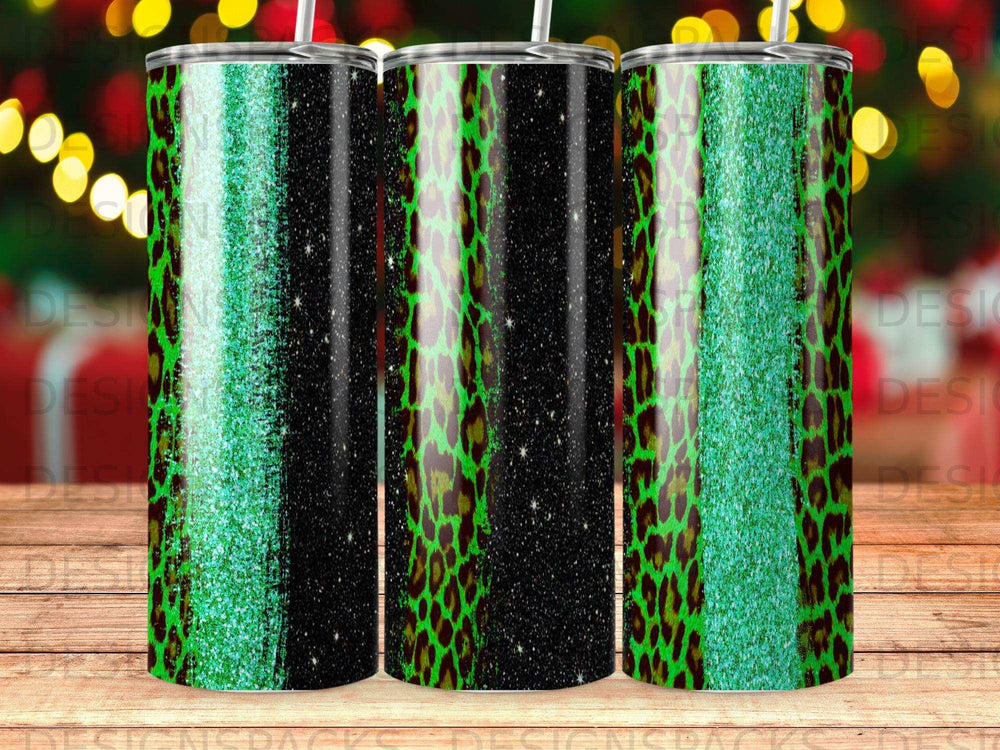 Three tumblers with glitter, leopard print, and stars patterns.