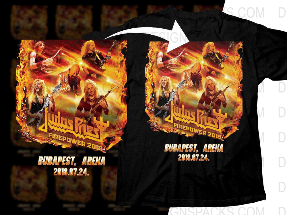 Judas Priest Firepower 2018 concert design on black t-shirt, Budapest Arena event graphic