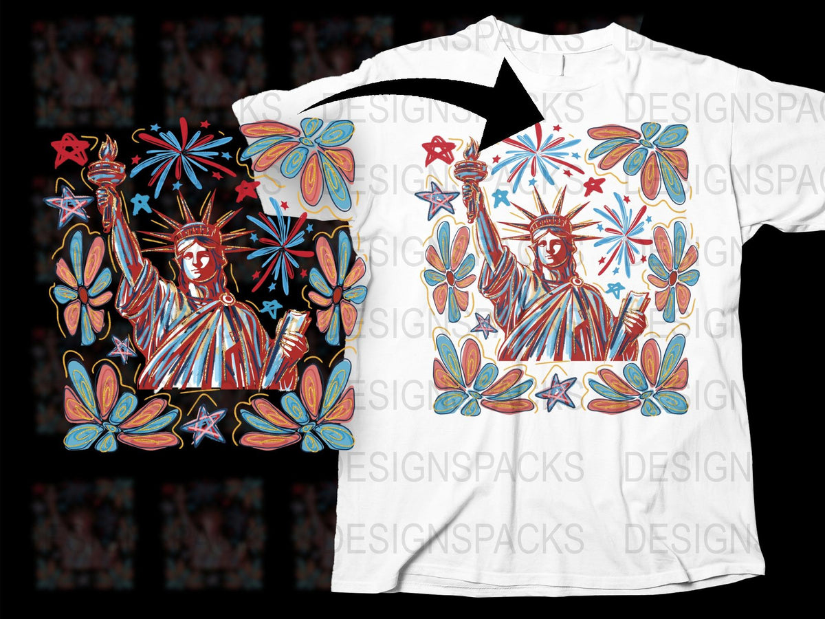 Colorful Liberty Graphic T-Shirt, Floral Statue of Liberty Design, Unisex Fashion Tee, Patriotic Casual Wear, Unique Artistic Apparel.