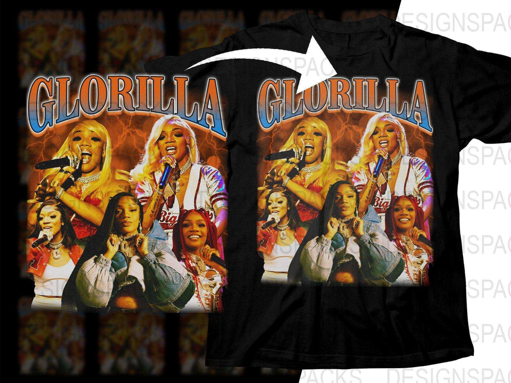 Glorilla music group print on black t-shirt, vibrant design with singers and bold text