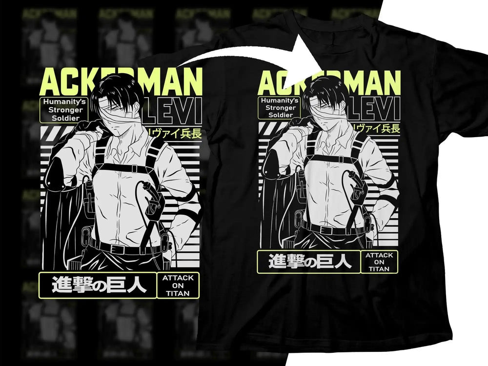Attack on Titan Levi Ackerman t-shirt design with bold text and anime art