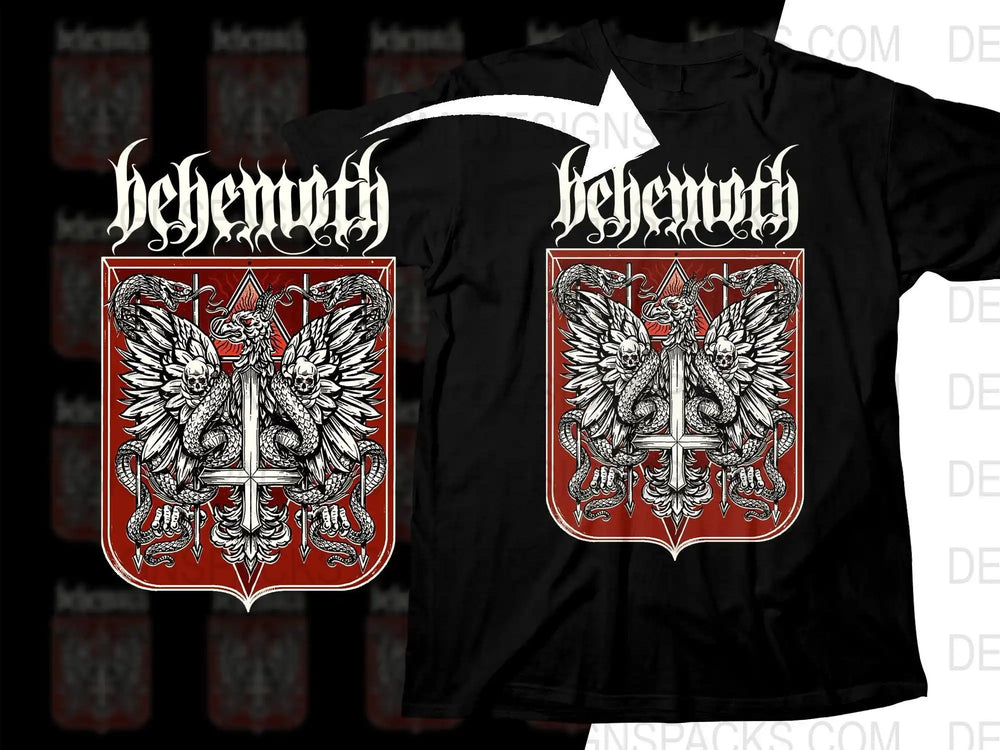 Behemoth band t-shirt with red and white dragon and skull design, print-ready graphic