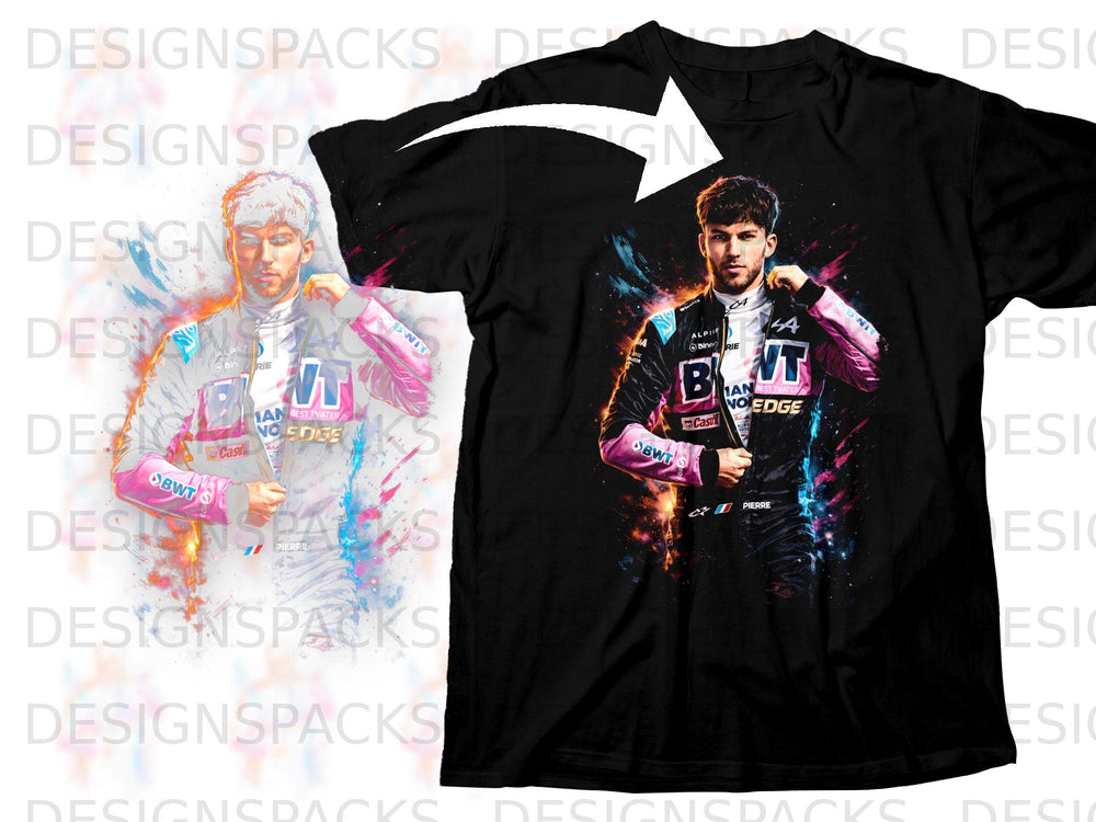 Black t-shirt featuring a vibrant, abstract portrait of a racing driver named Pierre.