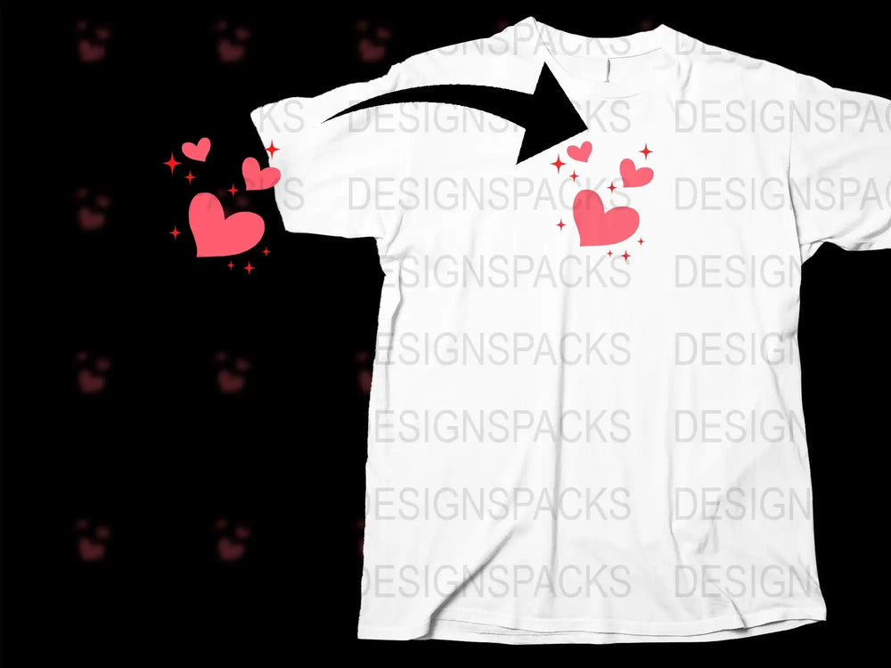 White t-shirt with pink hearts and sparkles, perfect for DTF/DTG printing designs.