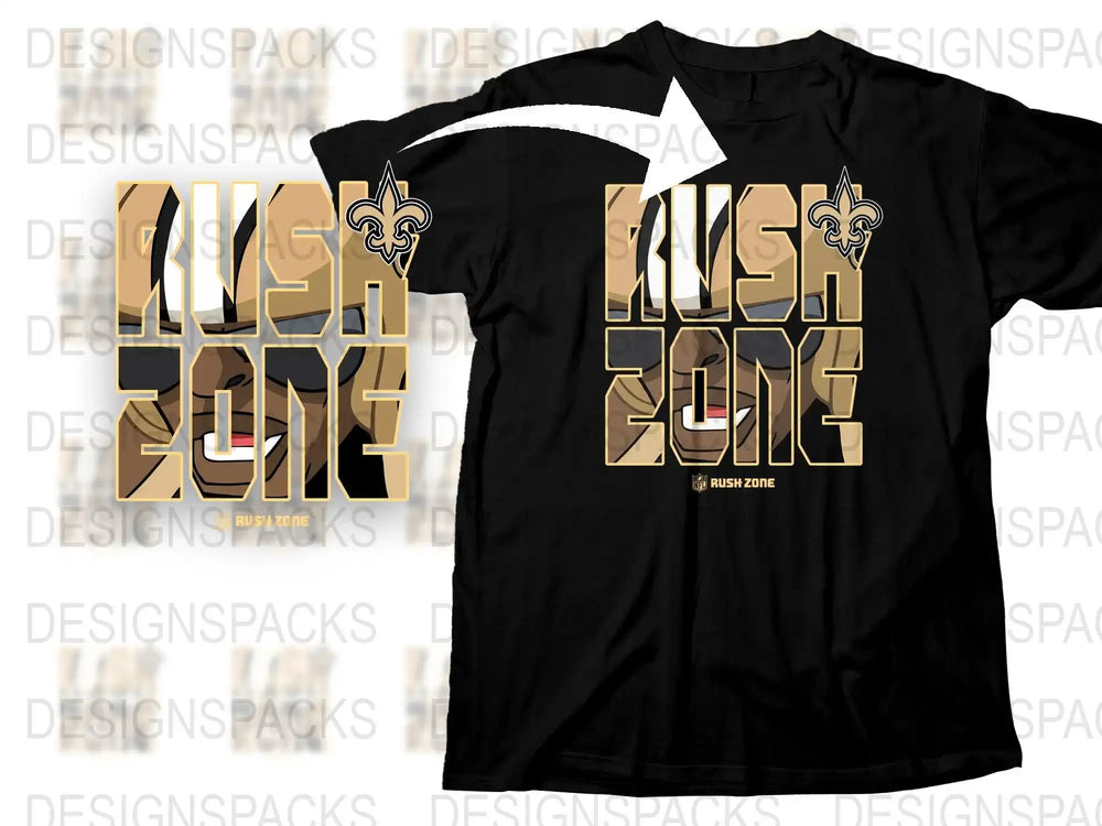 Black t-shirt with 'Rush Zone' design and fleur-de-lis, print-ready for DTF/DTG