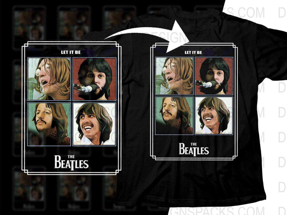 The Beatles 'Let It Be' t-shirt design with four band member portraits, print-ready for DTG/DTF