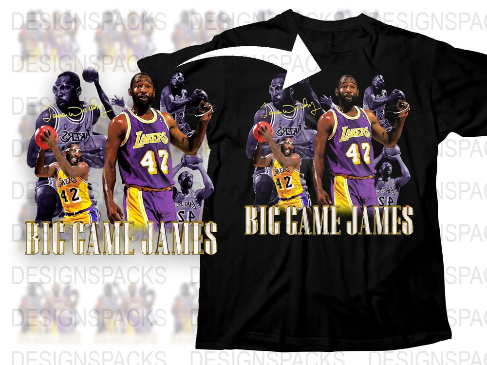 Big Game James Lakers #42 basketball t-shirt design, print-ready for DTG or DTF, featuring player collage and signature