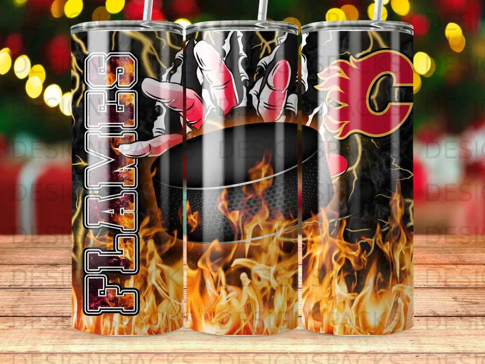Calgary Flames hockey team logo on a tumbler with flames and lightning.