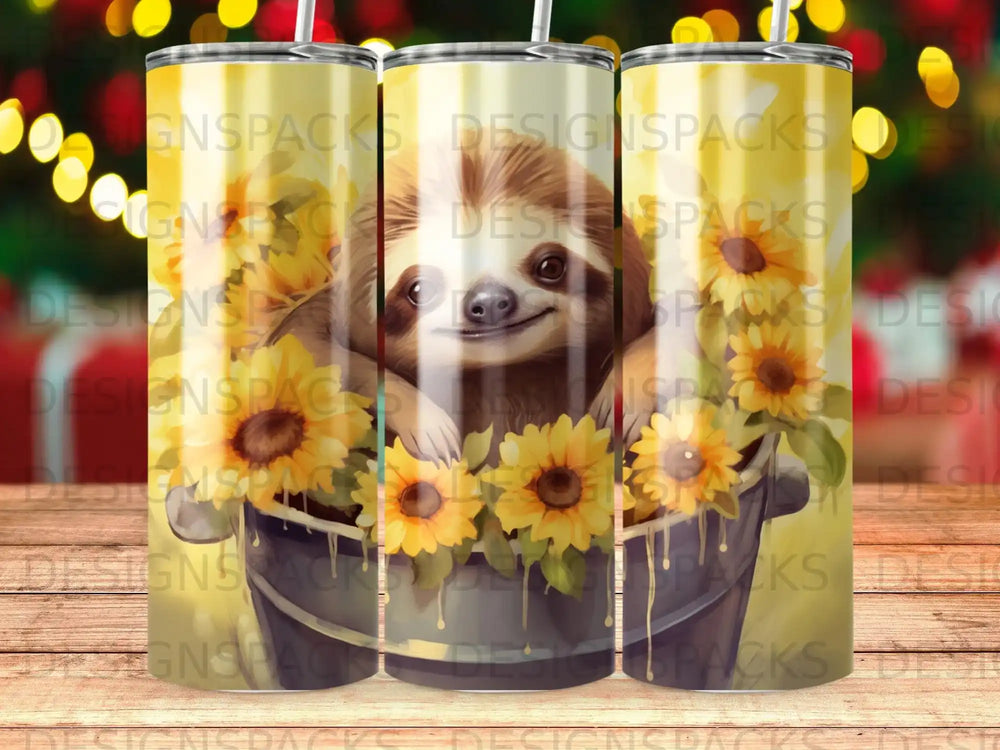 Sloth peeking over a bucket of sunflowers, pattern background.