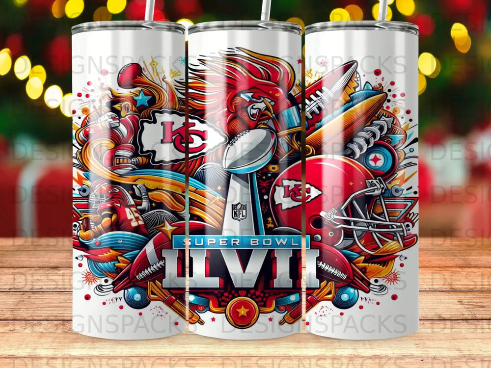 Kansas City Chiefs Super Bowl LVII themed tumbler with football and mascot elements.