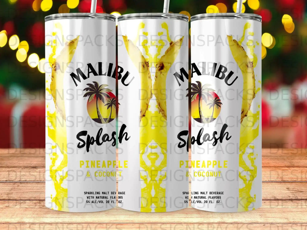 Malibu Splash Pineapple cans with palm tree sunset graphic.