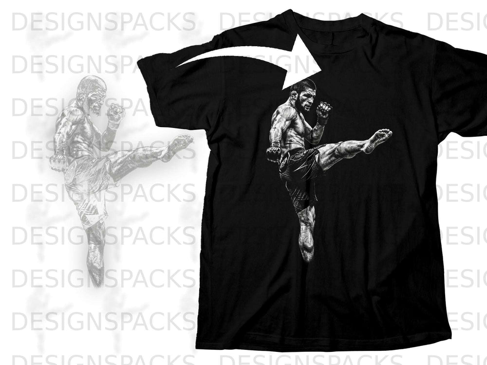 Black t-shirt with a black and white graphic of a fighter performing a kick.