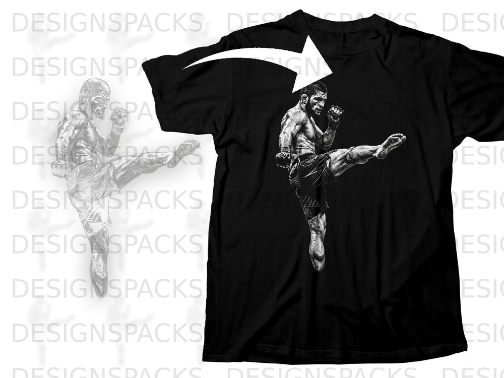 Black t-shirt with a black and white graphic of a fighter performing a kick.