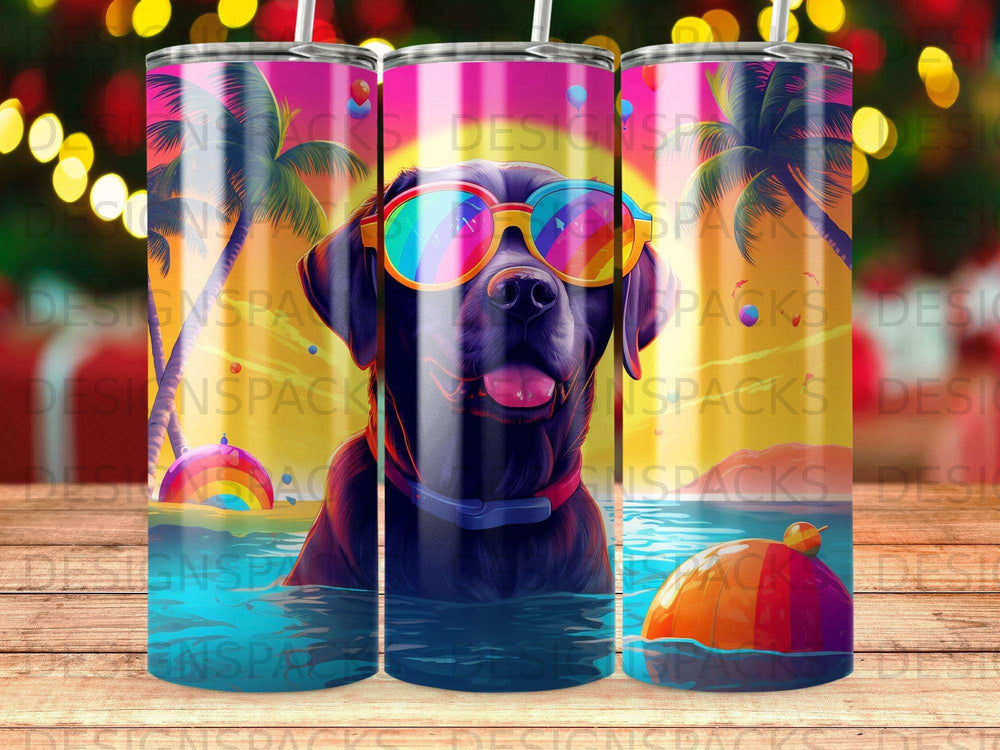 Black Labrador in sunglasses in water with tropical background.