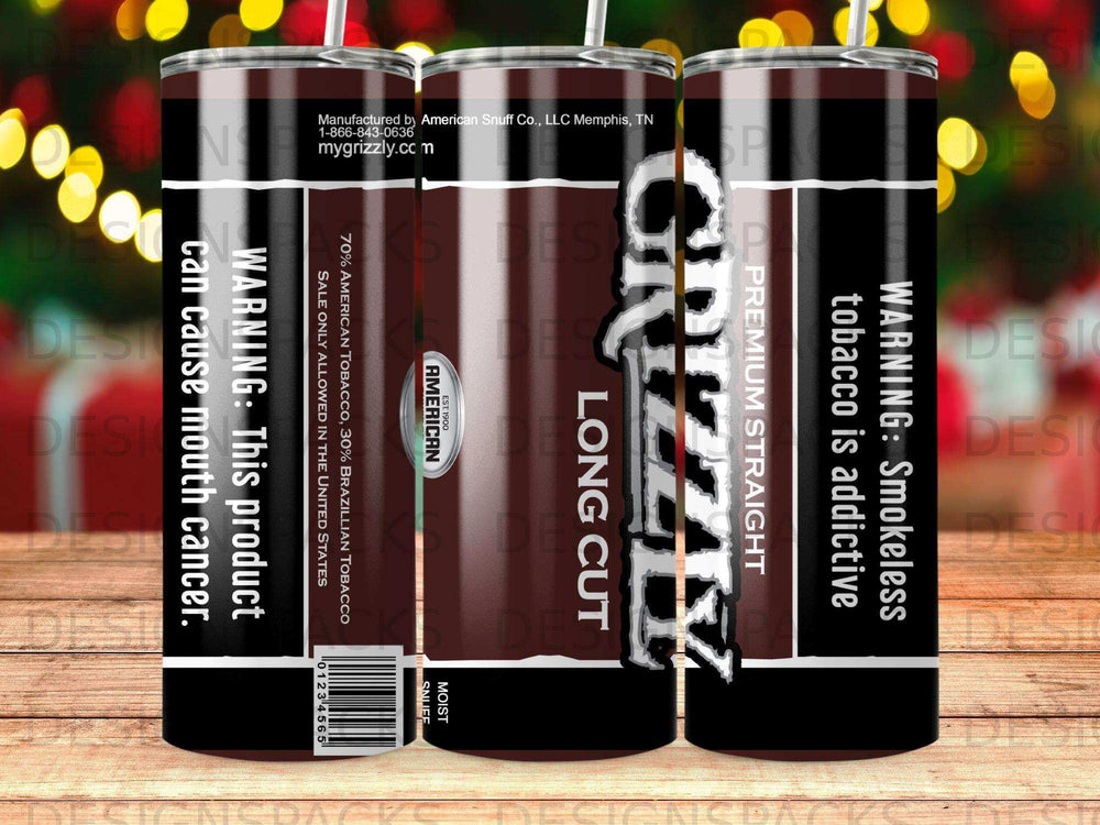 Grizzly Long Cut Premium Straight smokeless tobacco can with warning labels.