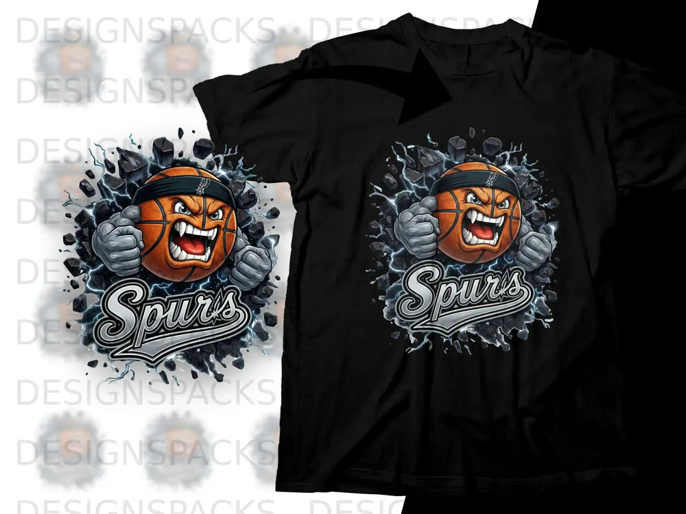 Black t-shirt with angry basketball mascot logo featuring "Spurs" text.