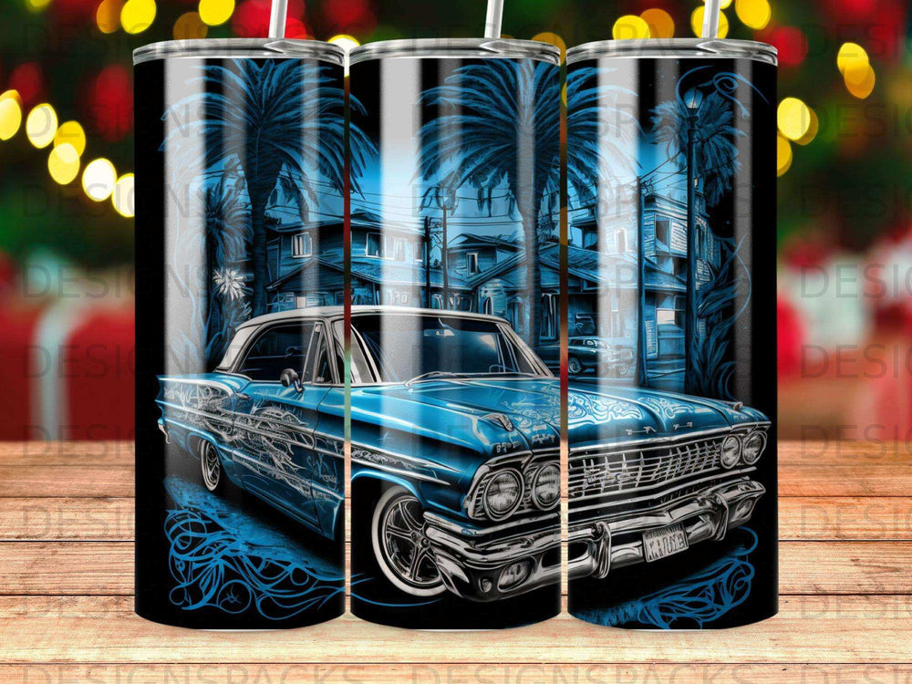 Blue 1960s lowrider car with custom flames and palm trees.
