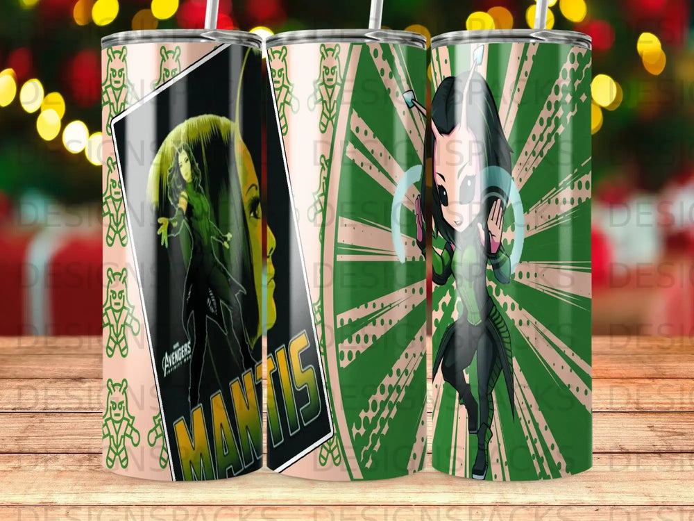 Mantis from Avengers on a green striped tumbler.