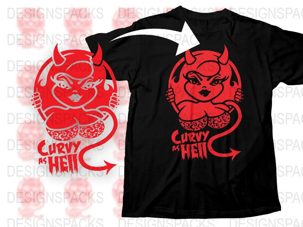 Red devil girl 'Curvy as Hell' design on black t-shirt, print-ready SVG/PNG for DTG/DTF