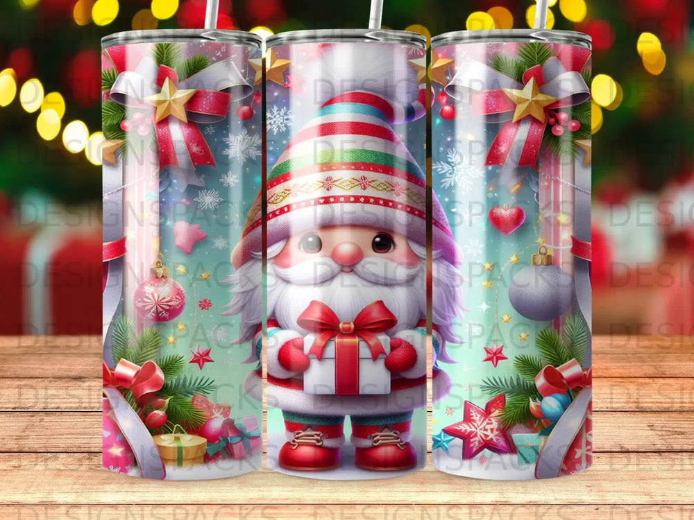 Christmas gnome in striped hat holding gift, surrounded by festive ribbons and ornaments.