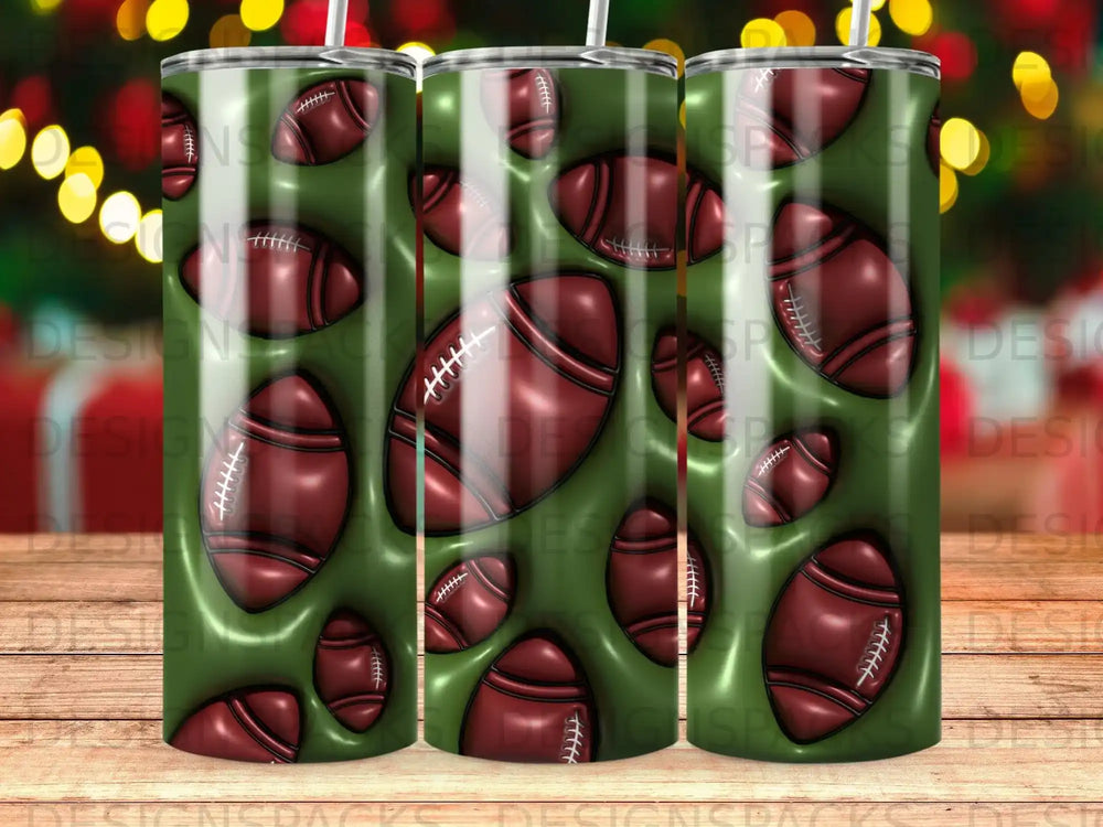 Tumbler featuring a repeating pattern of brown footballs on a green background.