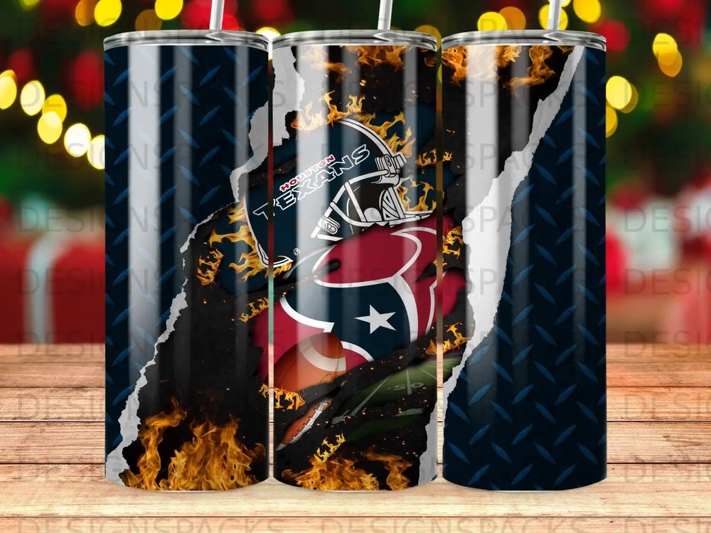 Houston Texans NFL logo with flames and ripped metal background.
