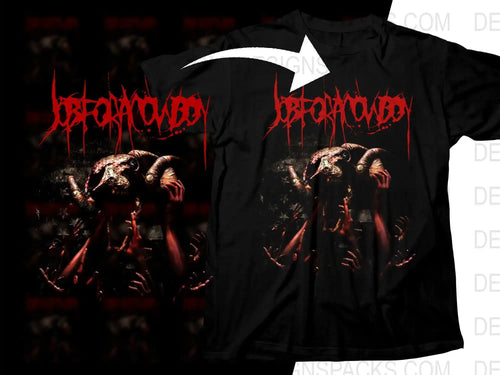 Black t-shirt with horror demon design, red dripping text, and crowd hands. Print-ready DTF/DTG graphic.