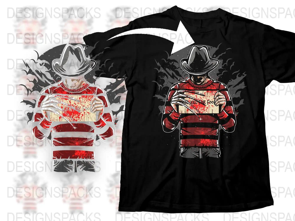 Freddy Krueger horror design on black t-shirt, red striped sweater, clawed hands, print-ready graphic