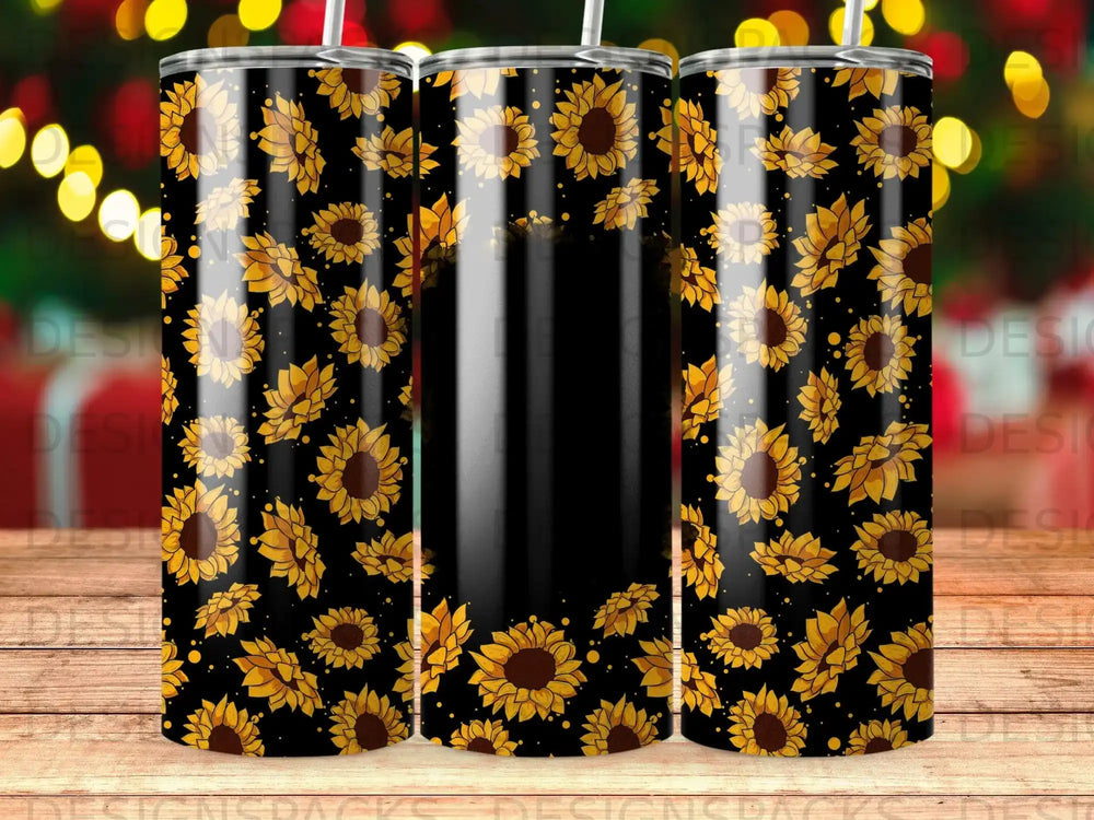 Black tumbler with a repeating pattern of yellow sunflowers and green leaves.