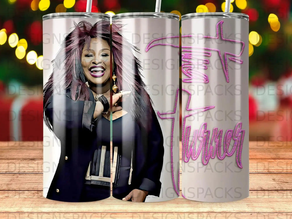 Tina Turner portrait with her name in stylized text, on a tumbler.