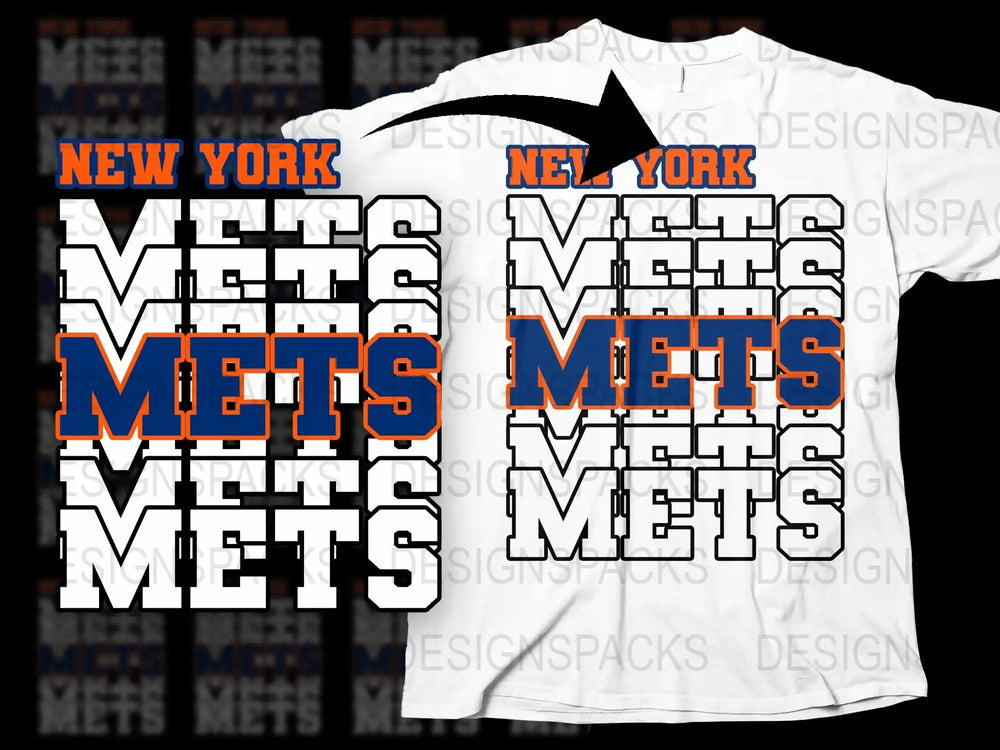 New York Mets print-ready design for t-shirts, featuring bold blue and orange text on white fabric.