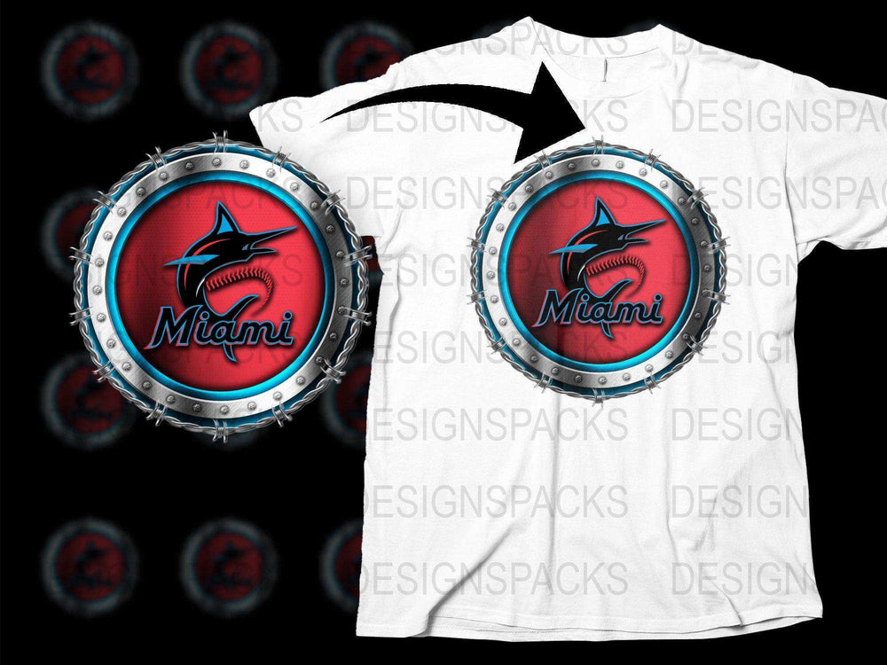 Miami Marlins baseball design on white t-shirt, print-ready DTF/DTG bundle