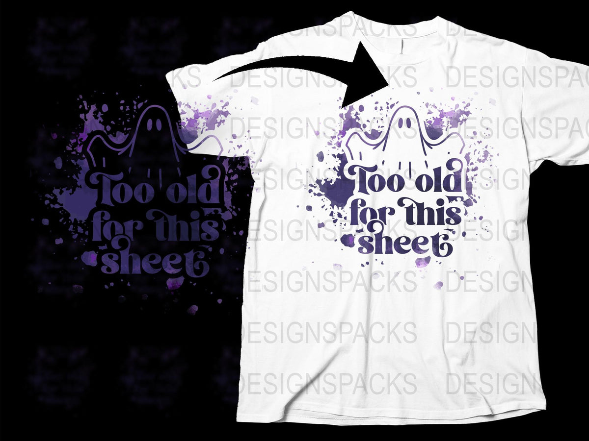 Funny Halloween T-Shirt 'Too Old for This Sheet' Ghost Graphic Tee, Purple and White Unisex Apparel