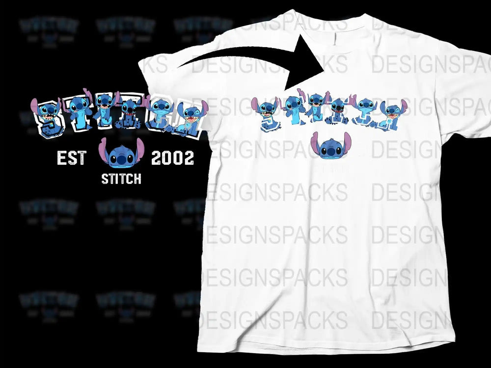 Stitch character design for t-shirt, DTF/DTG print-ready, EST 2002, cute blue alien graphic