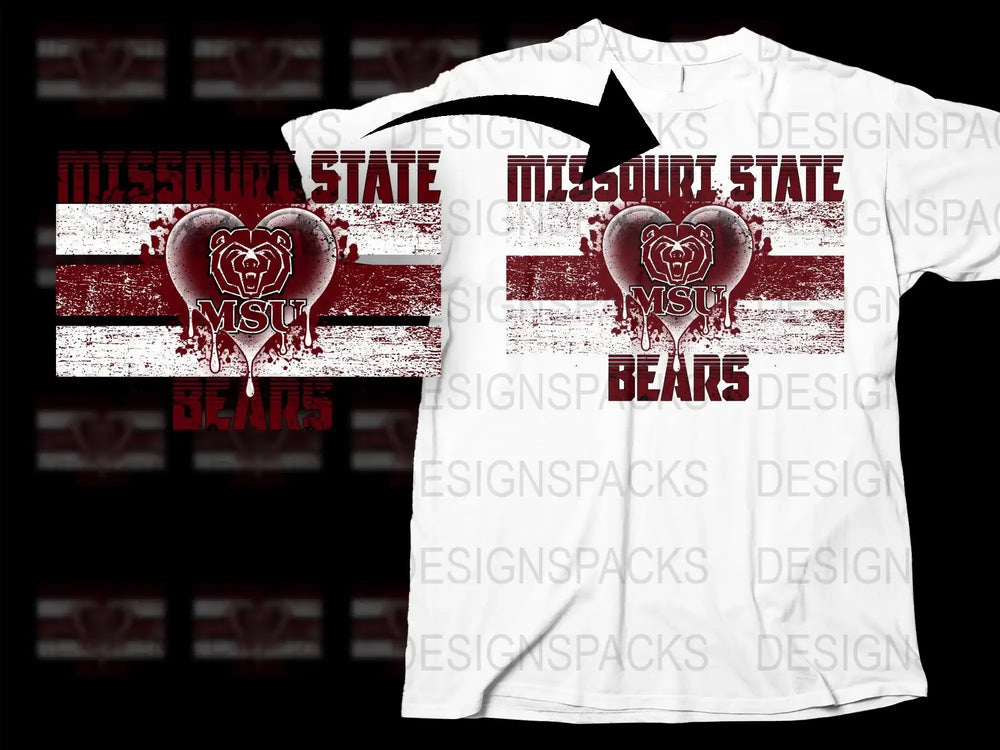 Missouri State Bears t-shirt design with heart and bear logo, red and white stripes