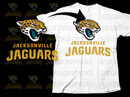 Jacksonville Jaguars DTF/DTG print design on white t-shirt, roaring jaguar head with gold text, ready for sublimation or embroidery.