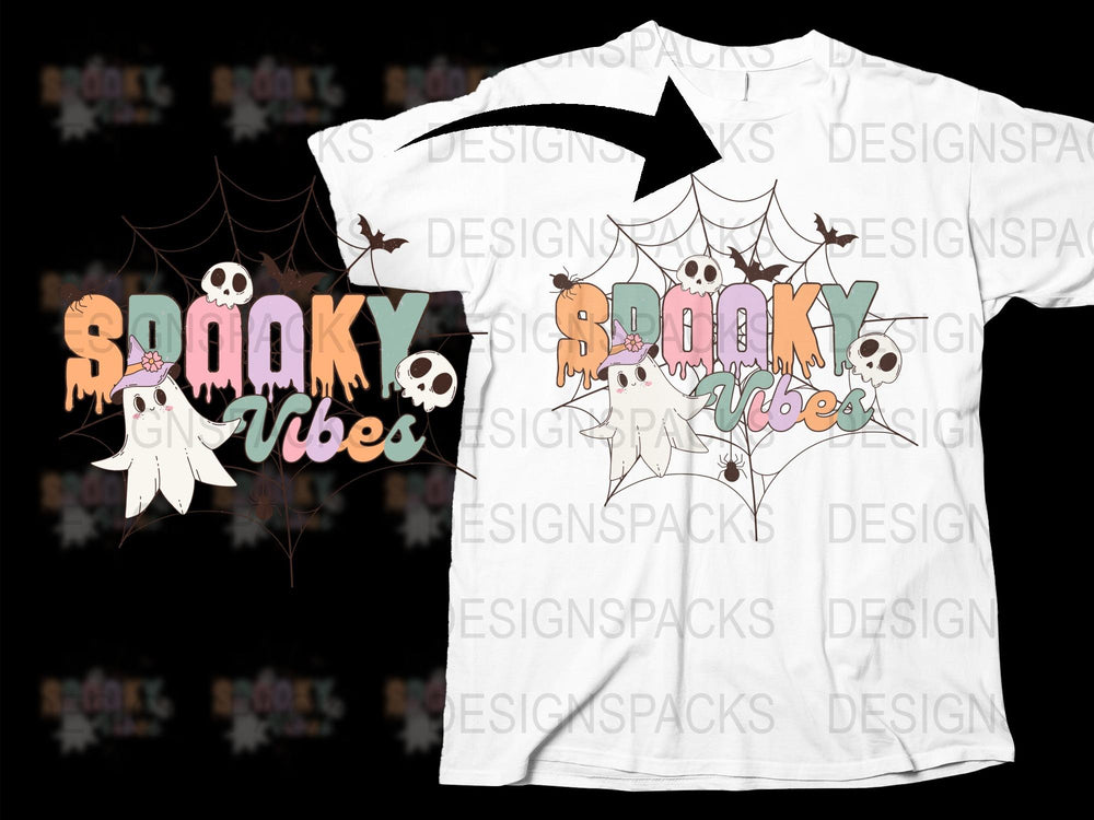 Spooky Vibes Halloween T-Shirt, Cute Ghosts and Bats, Fun October Apparel, Unisex White Tee for All Ages