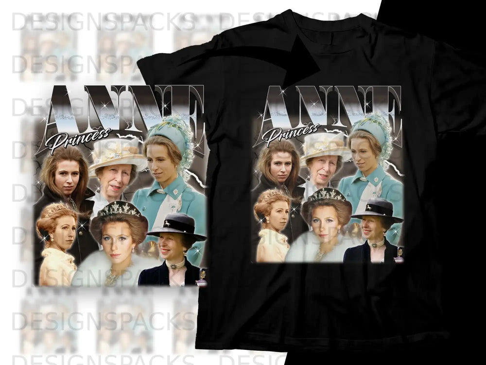 Collage of Princess Anne with her family on black t-shirts.