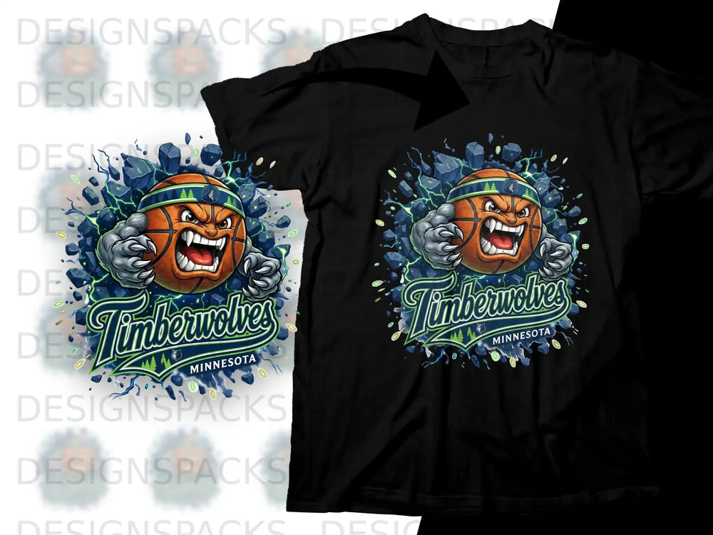 Minnesota Timberwolves mascot logo with roaring face on black t-shirt.