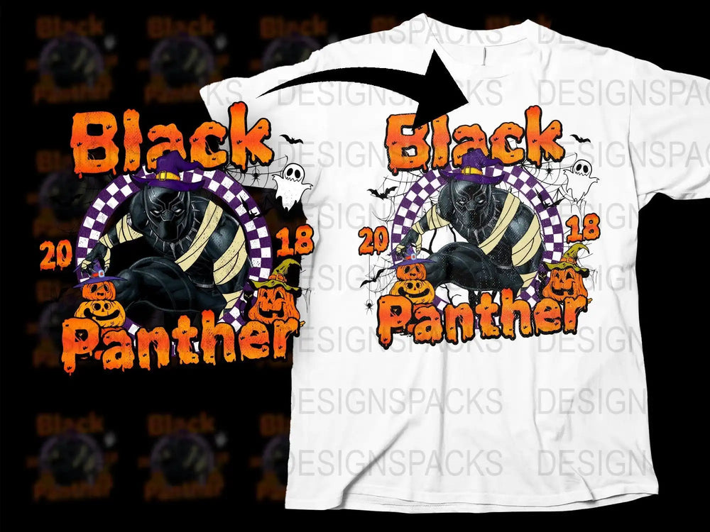 Black Panther Halloween t-shirt design with pumpkins, ghosts, and witch hats for print-ready use.