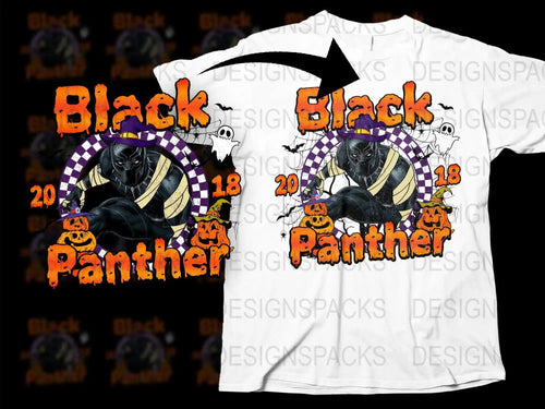 Black Panther Halloween t-shirt design with pumpkins, ghosts, and witch hats for print-ready use.
