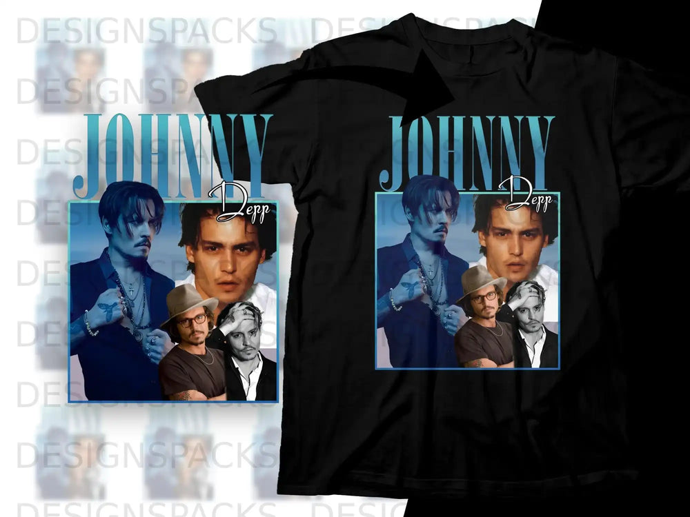 Johnny Depp collage graphic on black t-shirt.